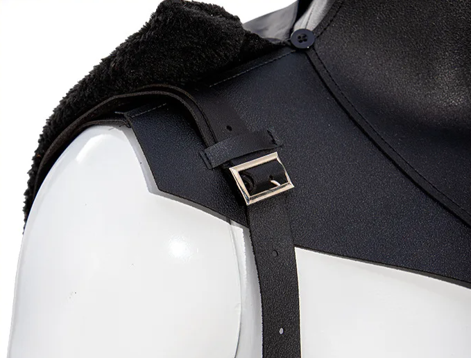 Close-up of the Black Gothic SteamPunk Cape showcasing the strap and buckle detail for a dramatic look.