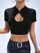 black keyhole crop top close-up showcasing distinctive keyhole detail and ribbed texture