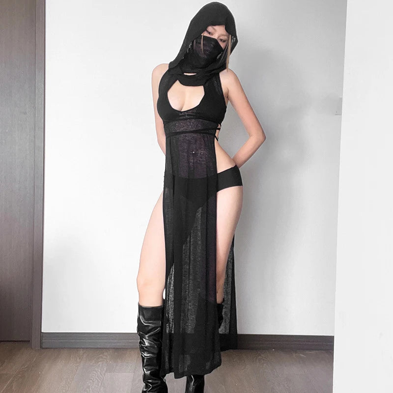 Black Knitted Hooded Long Dress with a sleek cut, body-hugging fit, and statement hood for an edgy look.
