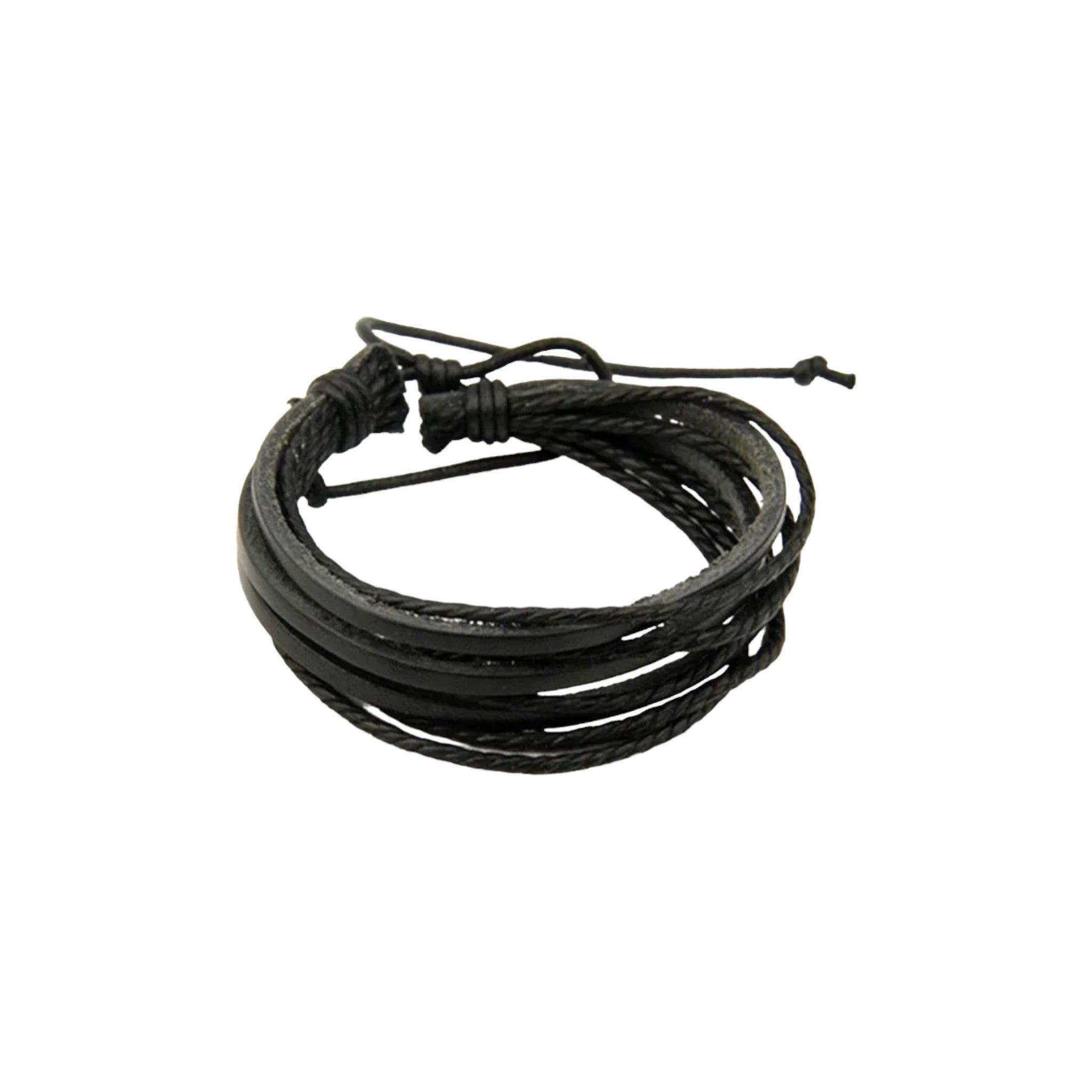 Handmade Leather Bracelet featuring layered black leather strands for a boho festival look.