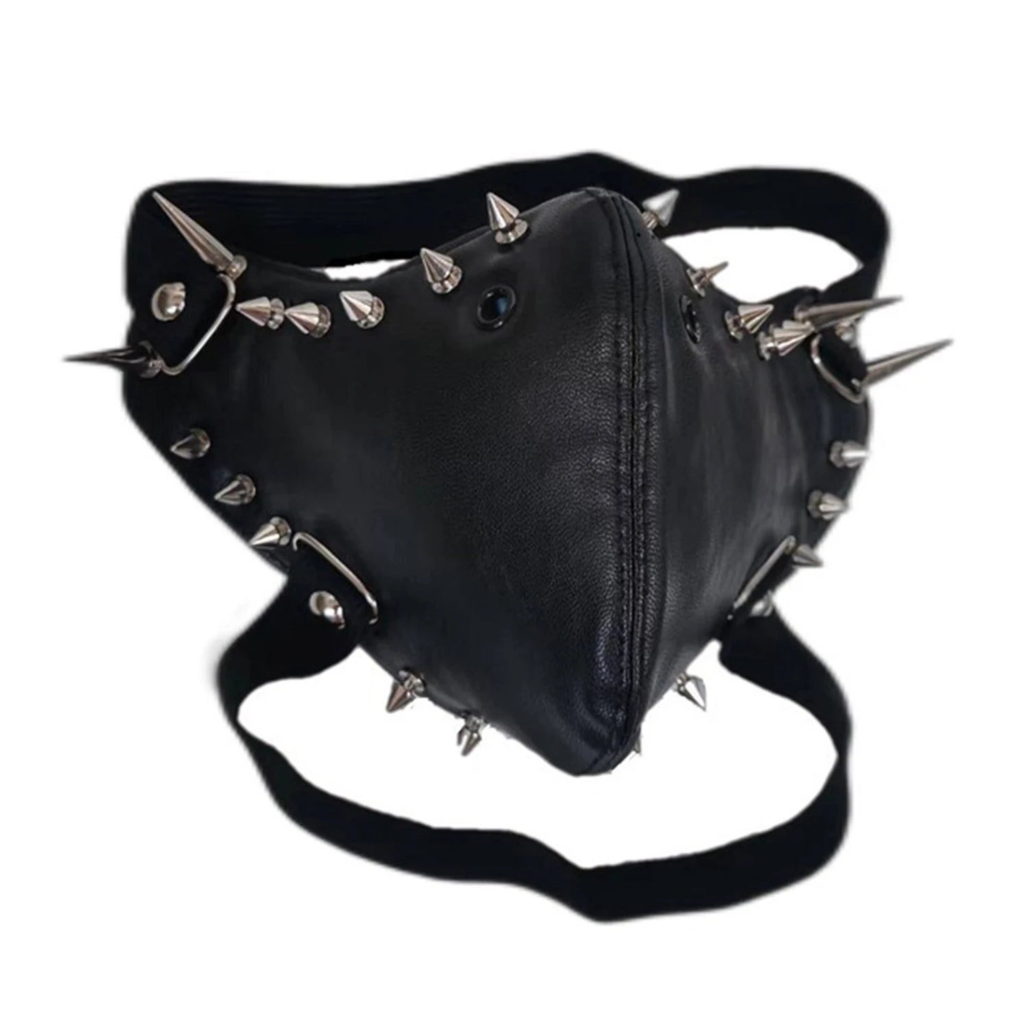 close-up leren steampunk gezichtsmasker met stekels en riemen