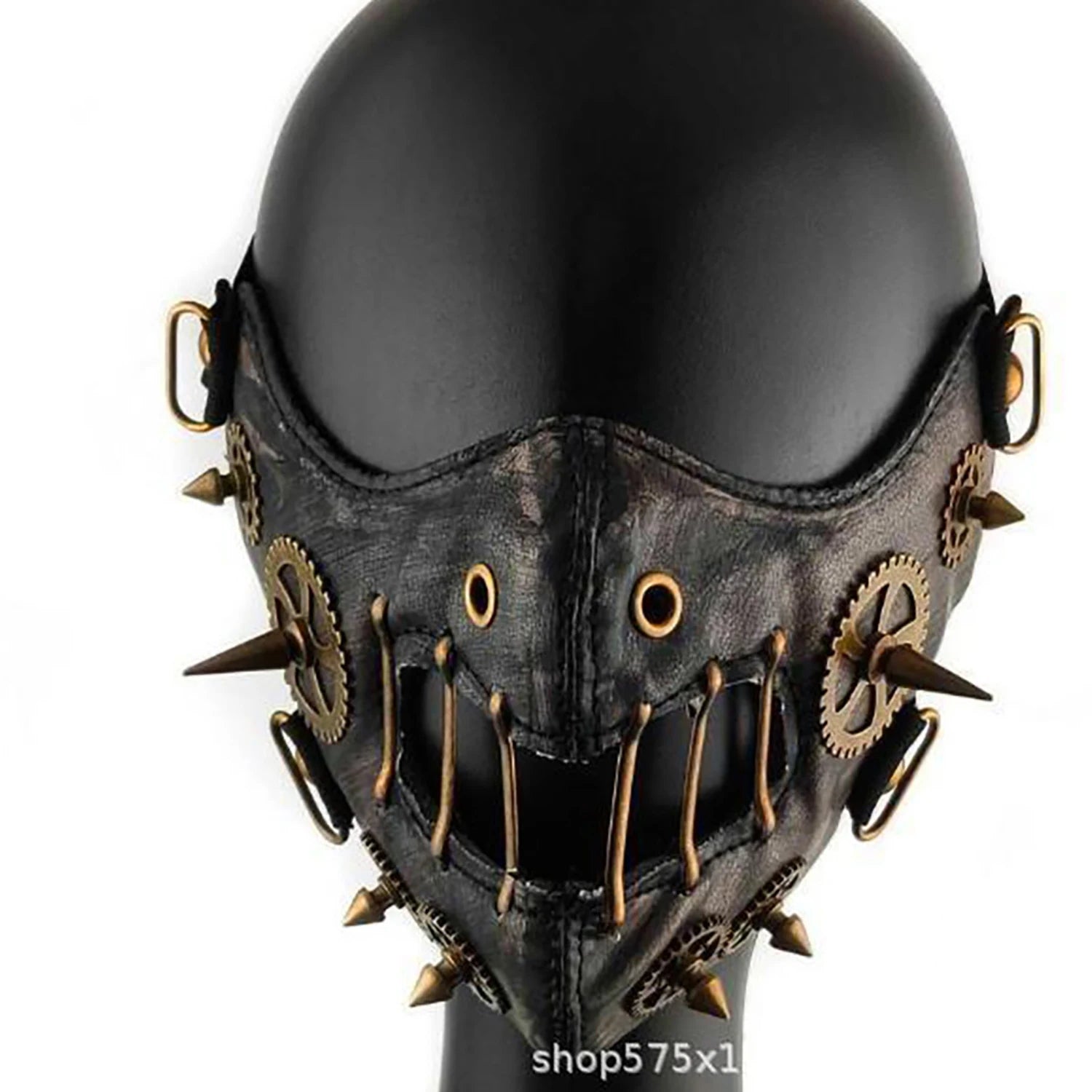 zwarte leren steampunk gezichtsmasker met stekels en tandwielen, close-up weergave
