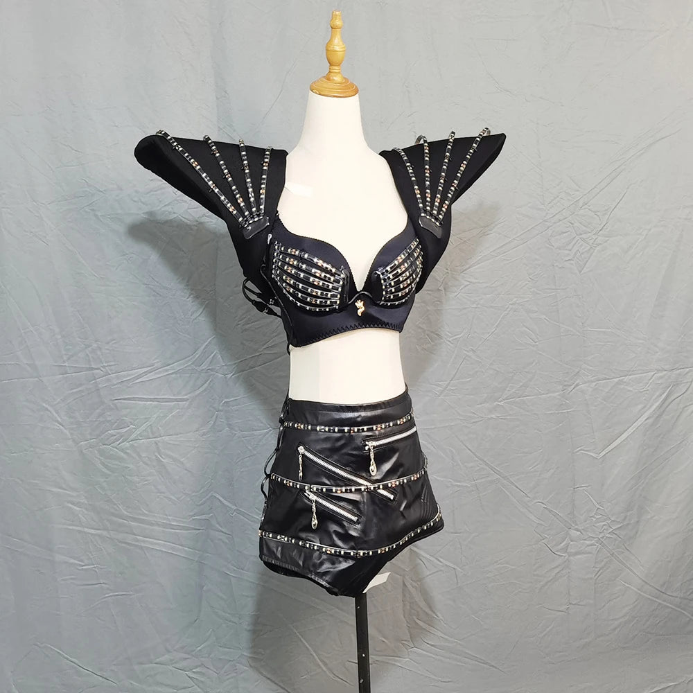 Black LED rave outfit set featuring a structured shoulder piece, bra, and zippered skirt with integrated light strips.