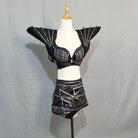 Black LED rave outfit set featuring a structured shoulder piece, bra, and zippered skirt with integrated light strips.