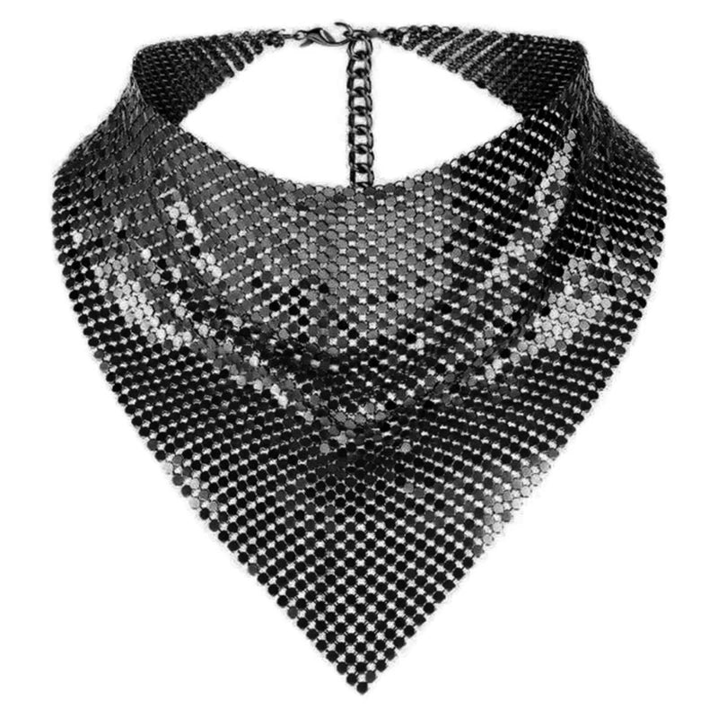 Black liquid metal mesh scarf, a triangular bib-style accessory with chain mail construction and adjustable clasp.