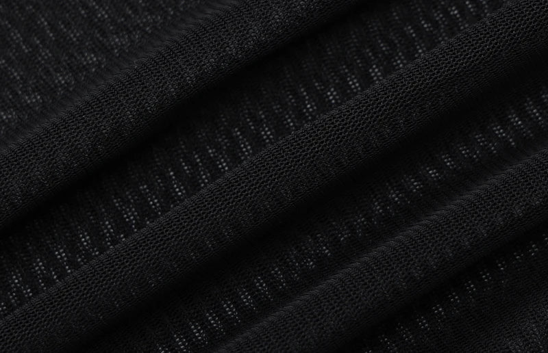 Close-up of black fabric showcasing the mesh texture of the Black Long-Sleeve See-Through Bodysuit.