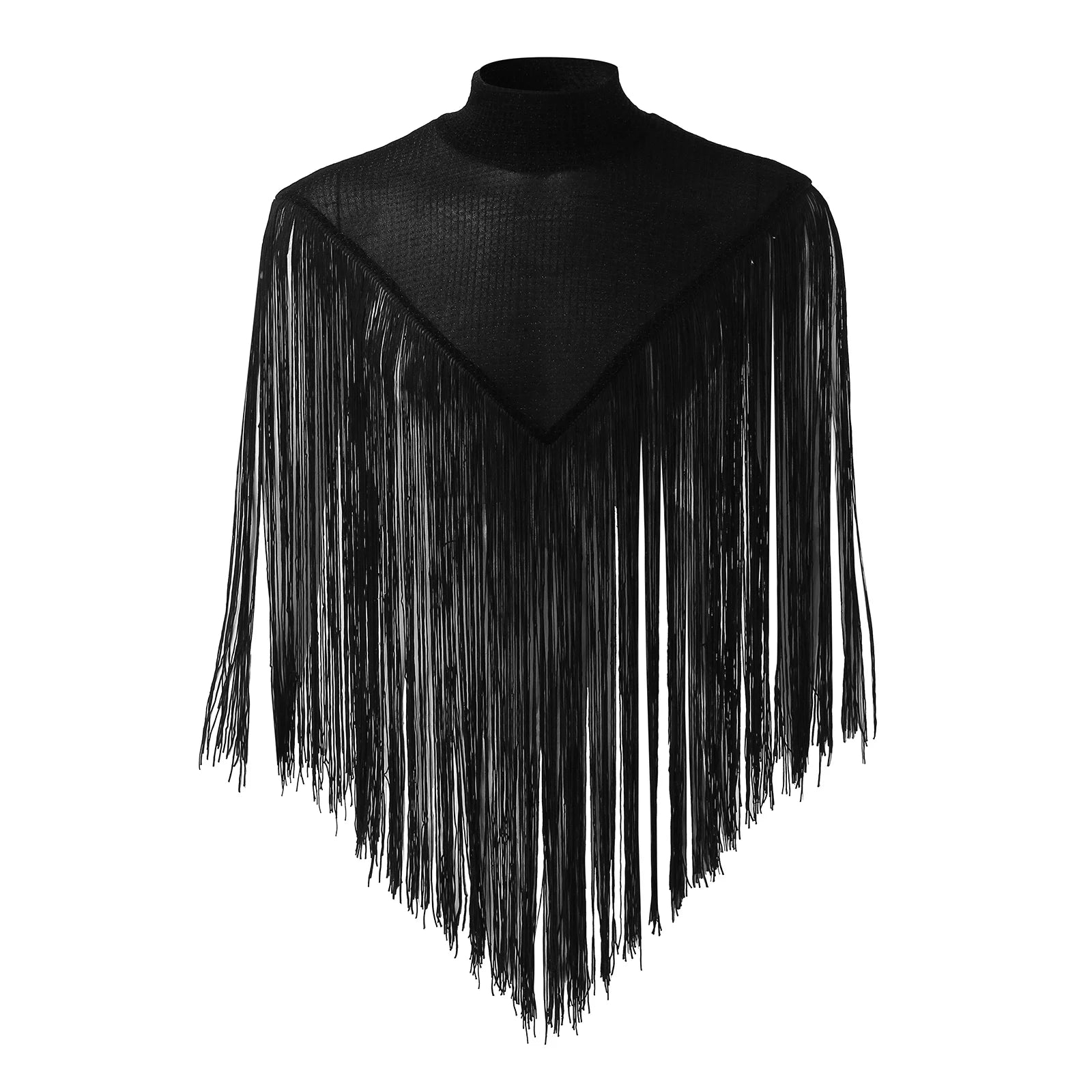 mesh fringe festival poncho in black full-shot with textured mesh and flowing fringe details