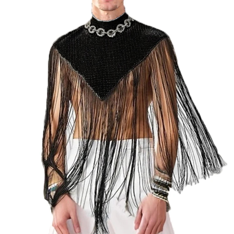 poncho de festival en filet à franges intégrales avec franges noires tombantes et partie supérieure texturée