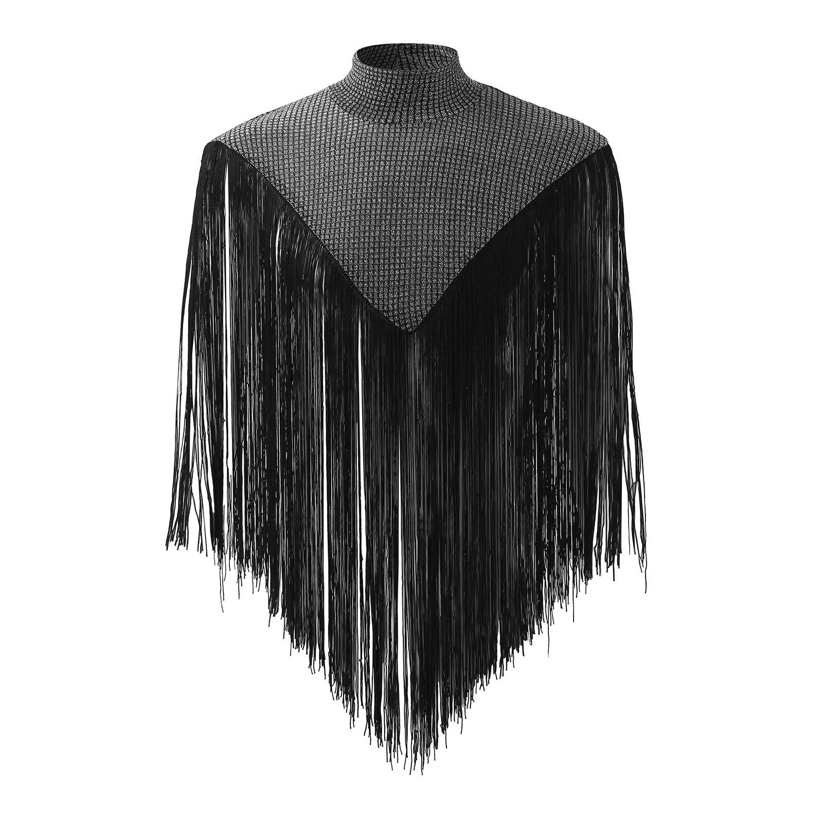 poncho de festival noir en résille à franges, vue en pied, avec partie supérieure texturée et détails de franges tombantes