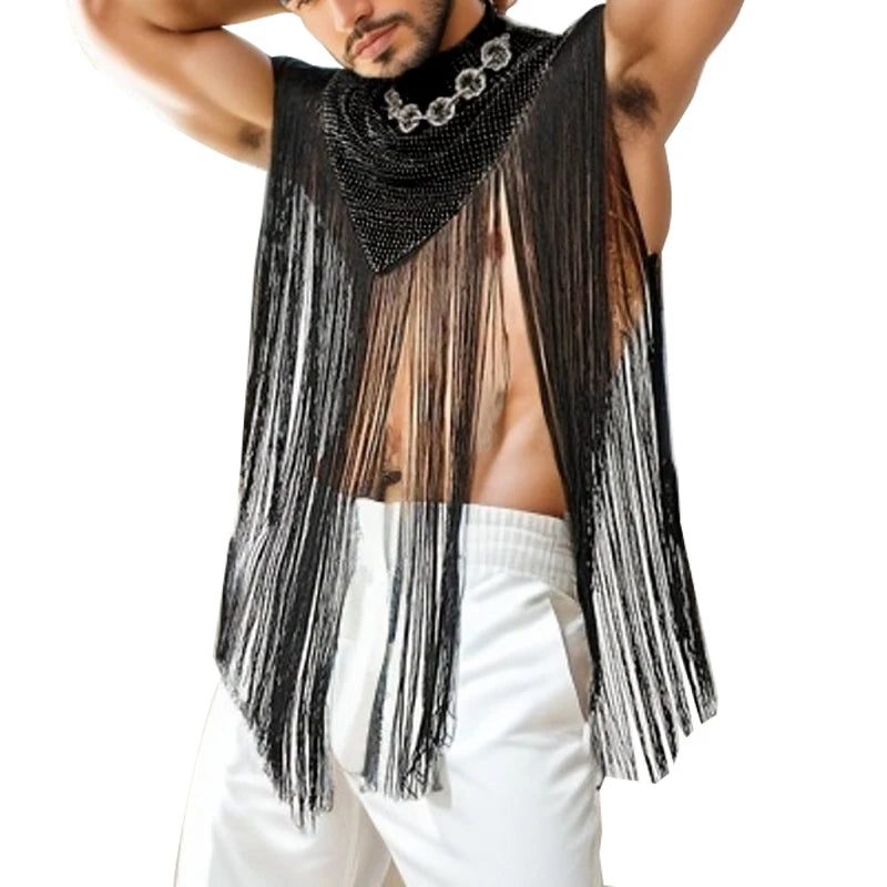 poncho de festival noir en résille à franges intégrales avec franges tombantes et détail en chaîne