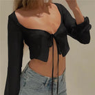 Black Mesh Lace Up Long Sleeve Crop Top