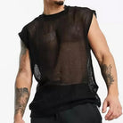 Mesh See-Through Sleeveless Loose T-Shirt in black with sheer fabric, perfect for summer streetwear.