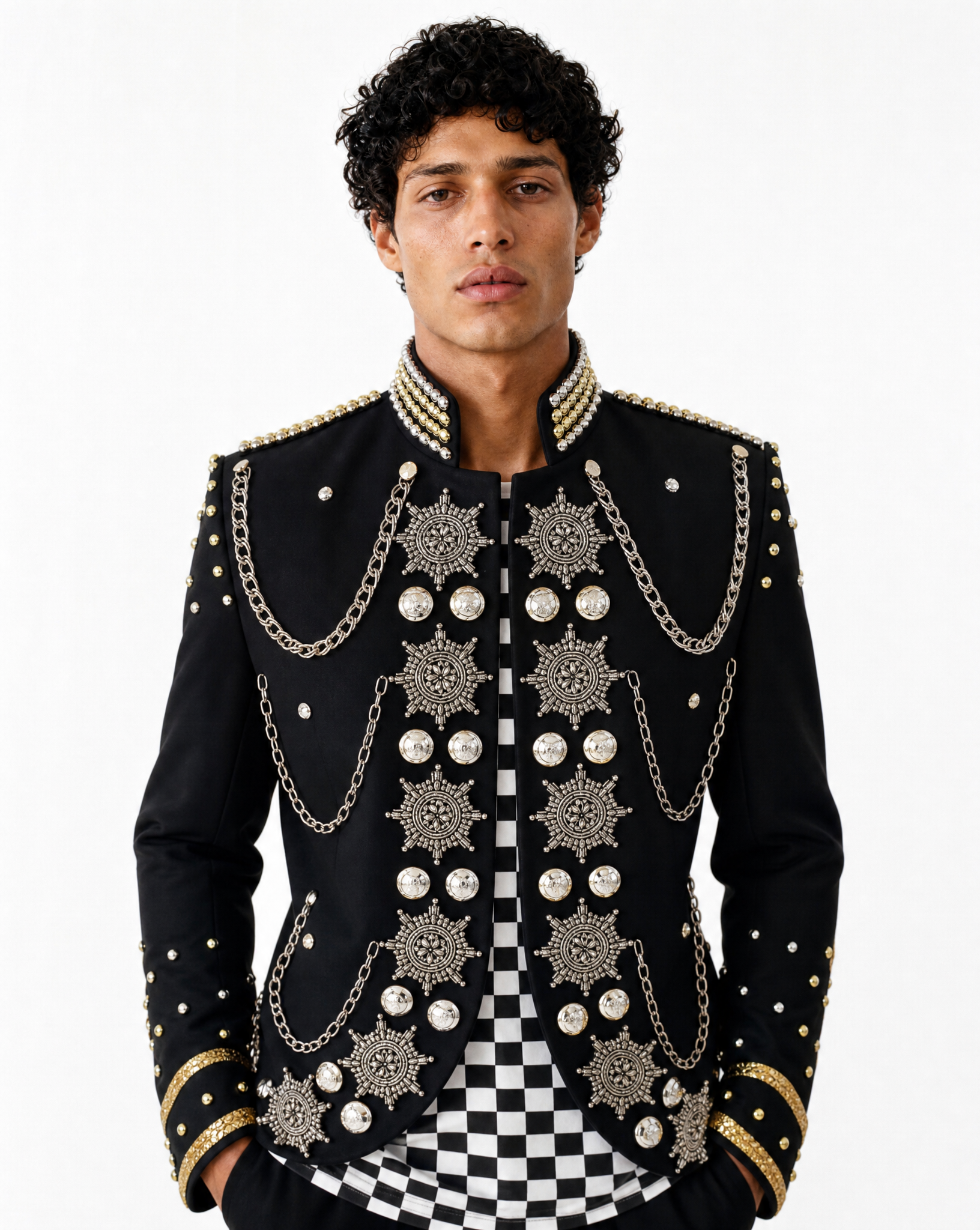 Black military-style festival jacket featuring silver chain embellishments, decorative metal buttons, and stone accents.