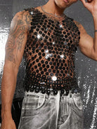 Men's black mirror disc chain vest, handmade with interlocking discs, worn over bare skin.