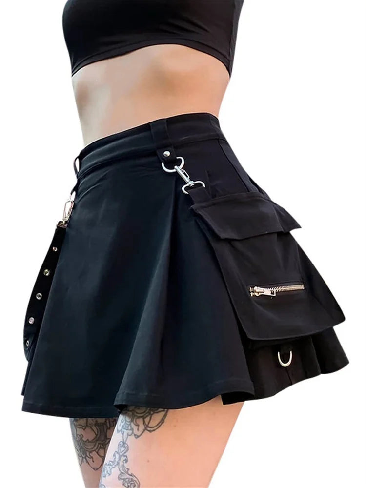Black Rave Mini Skirt with removable side pocket, perfect for techno nights and dance events.