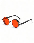 Round Steampunk Sunglasses with red lenses and black alloy frame, perfect for festival fashion.