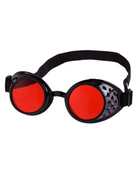Black vintage steampunk goggles with red lenses, an adjustable strap, and textured metallic accents.