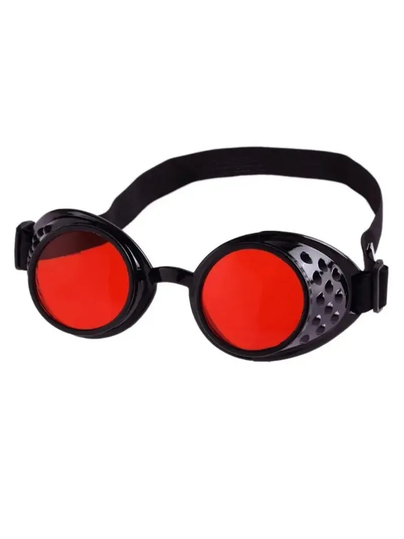 Black vintage steampunk goggles with red lenses, an adjustable strap, and textured metallic accents.
