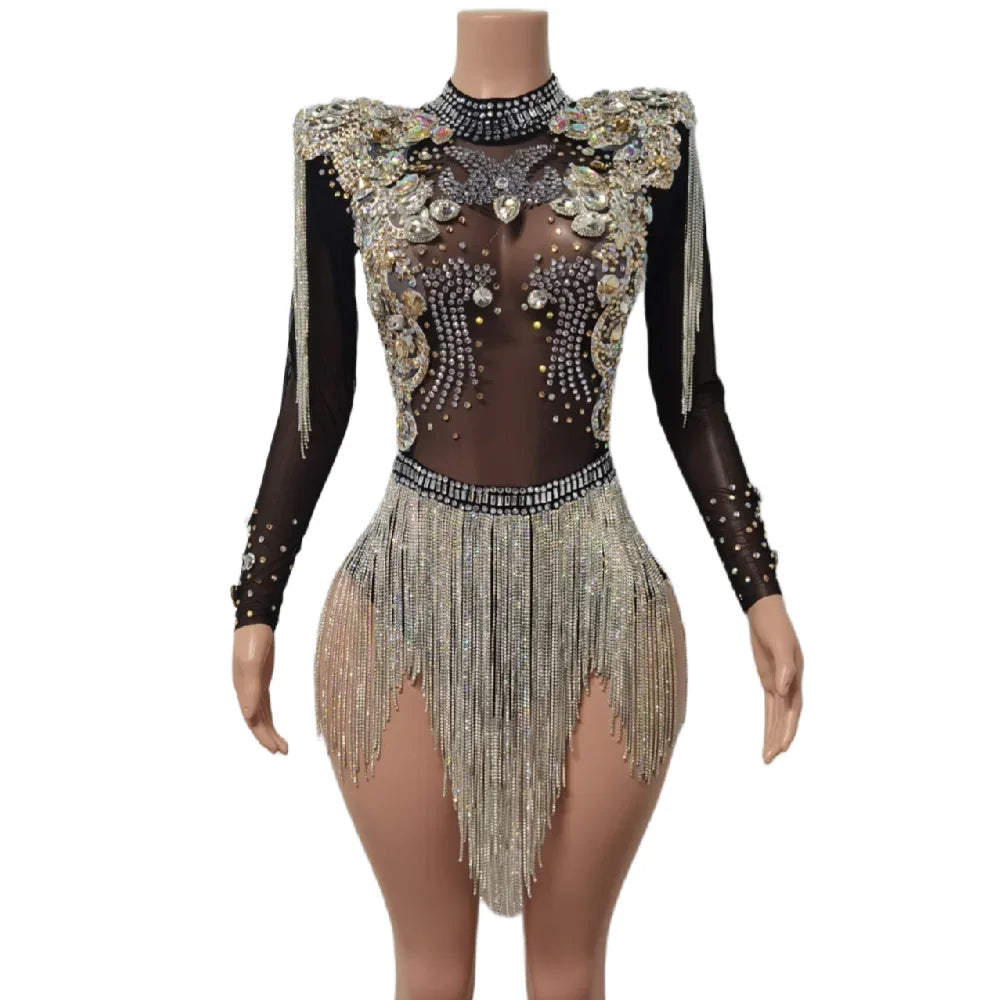 Black Rhinestone Tassel Festival Bodysuit
