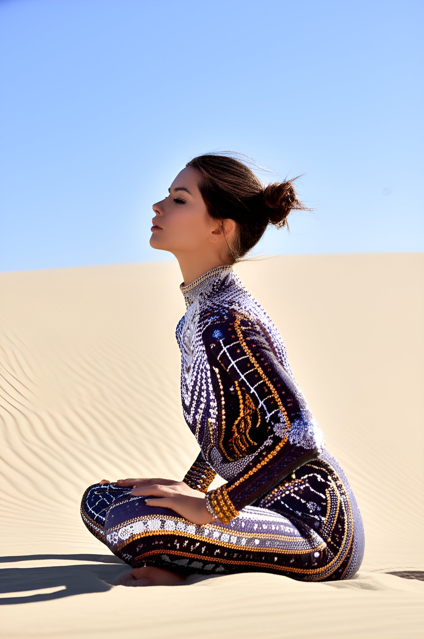 Woman in a Black Rhinestones Jumpsuit sitting in the desert, showcasing a stylish and bold look.