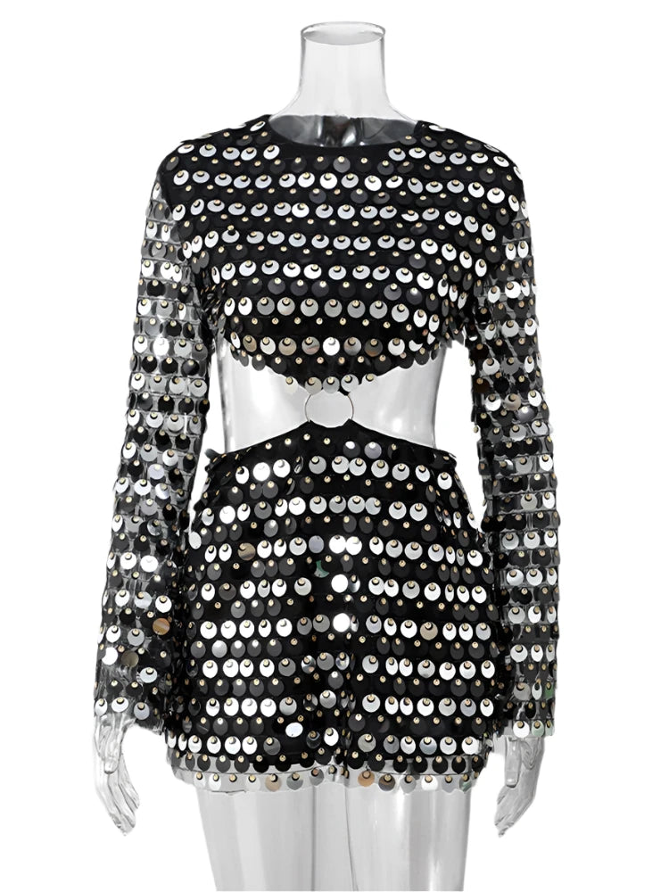 Black Sequin Hollow-Out Mini Party Dress with bold sequins and stylish cut-outs.