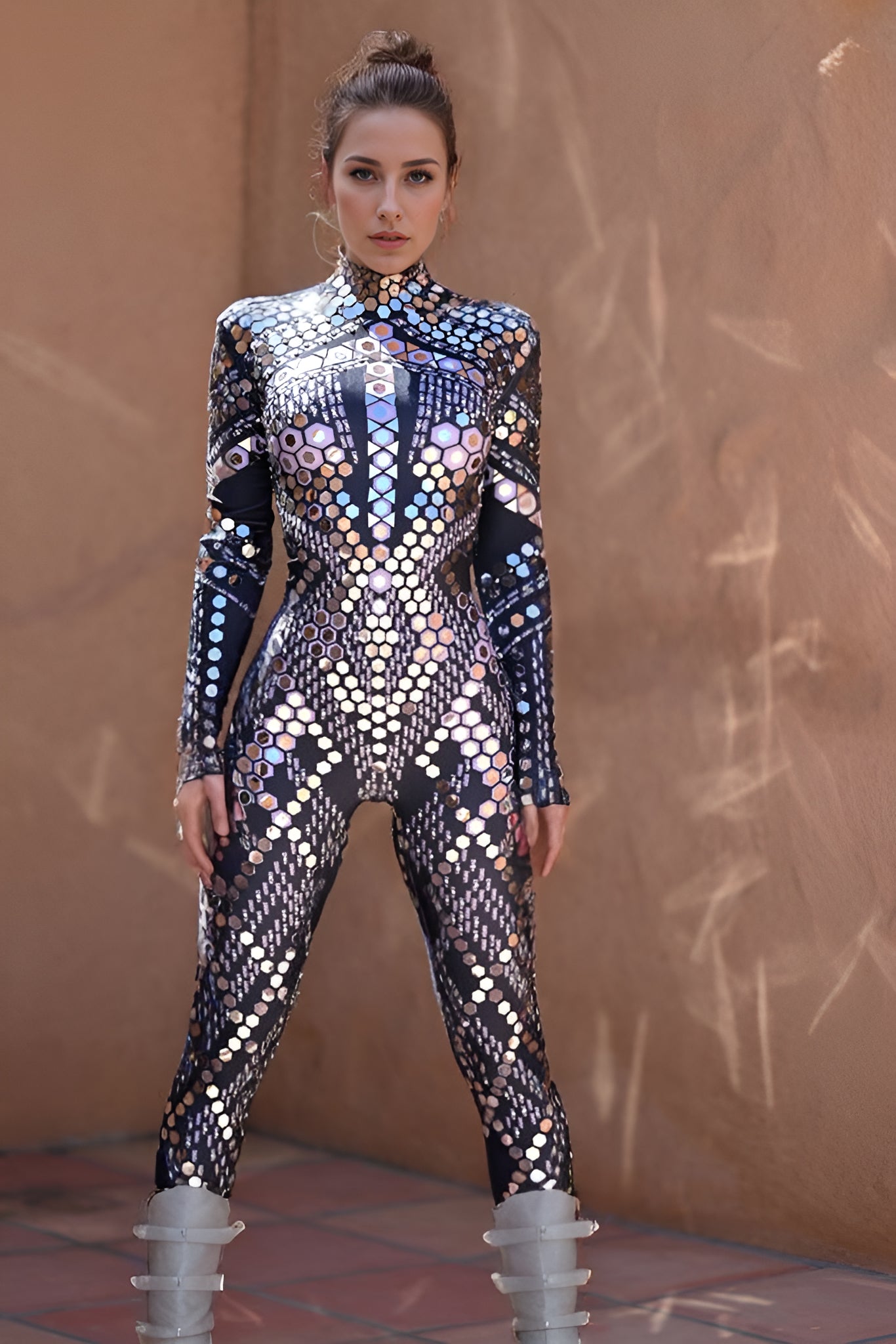 Black Sequin Jumpsuit with Rhinestones featuring colorful sequins and rhinestone accents for a stunning look.