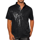 Men's black sequin short-sleeve shirt with a quarter-button placket and relaxed fit.