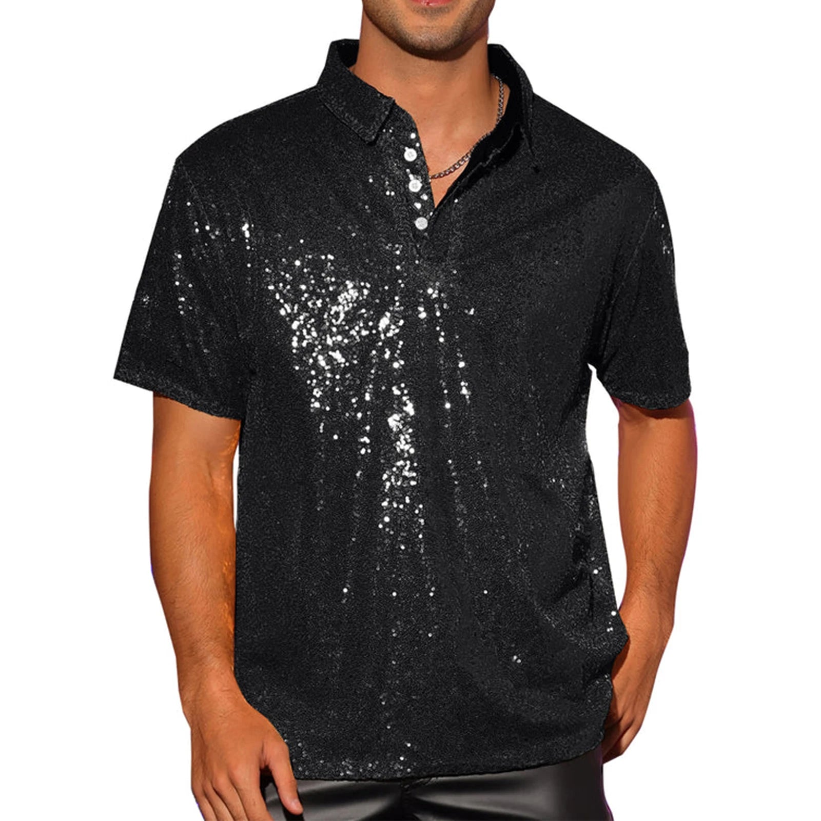Men's black sequin short-sleeve shirt with a quarter-button placket and relaxed fit.