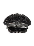 Cappello militare nero con paillettes e strass scintillanti per un look da festival abbagliante.