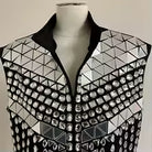 Silver mirror rhinestone men's vest with geometric panels and hand-glued rhinestones on a black polyester base.