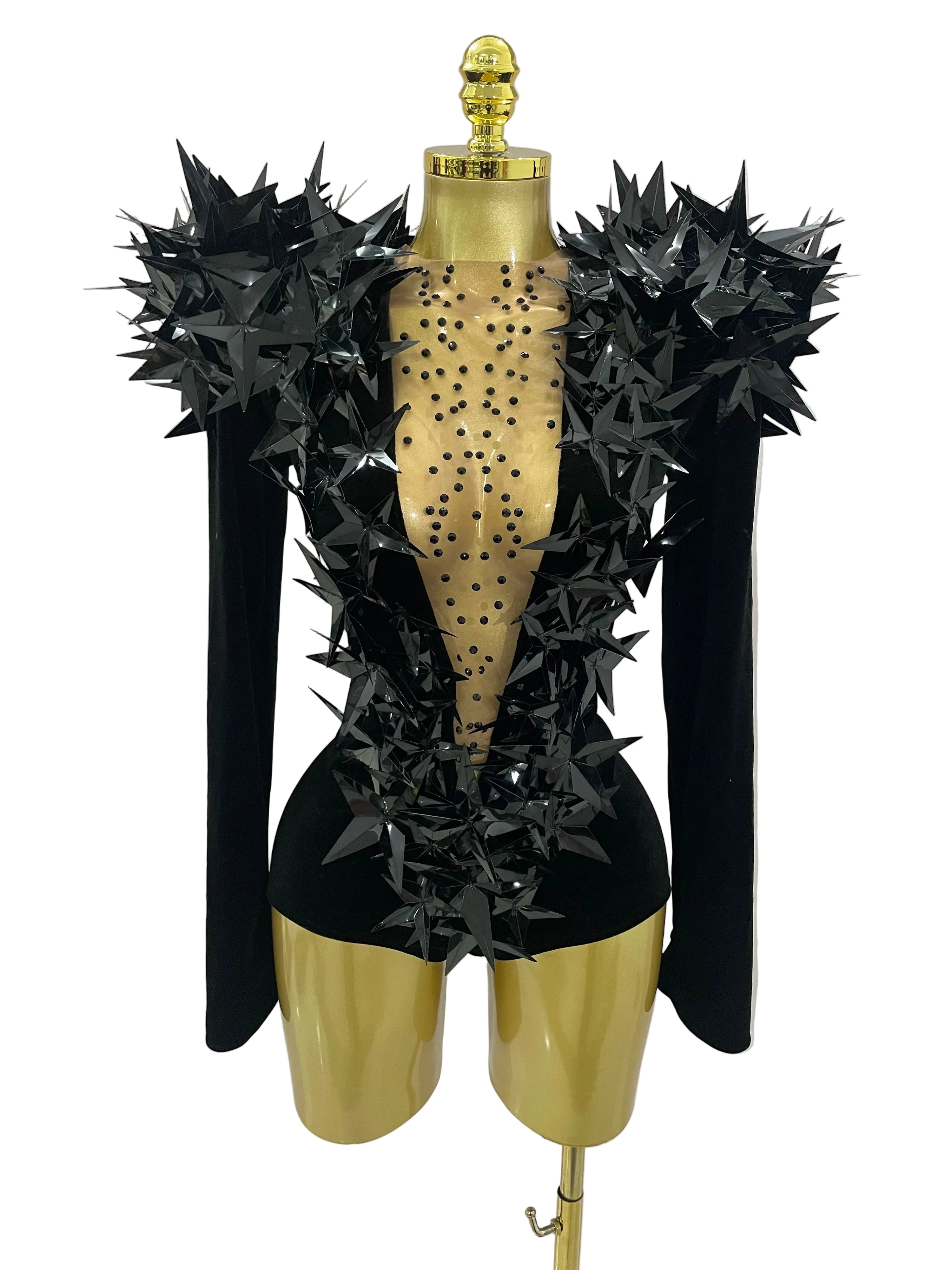 full-shot black rhinestone velvet bodysuit with spiky embellishments and long sleeves