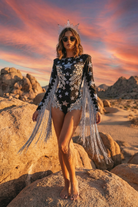 black star fringe bodysuit full-shot with star embellishments and fringes at sunset