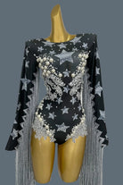 black star fringe bodysuit full-shot with rhinestones and pearl accents on a black background