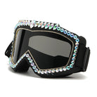 Lunettes de ski noires steampunk surdimensionnées avec strass en forme de diamant