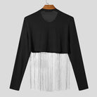 back-view tassel fringe crop top in black with white cascading fringe details