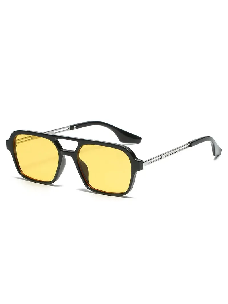 Unisex vintage sunglasses with yellow lenses, a black plastic frame, and a silver-toned double bridge design.