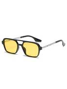 Unisex vintage sunglasses with yellow lenses, a black plastic frame, and a silver-toned double bridge design.