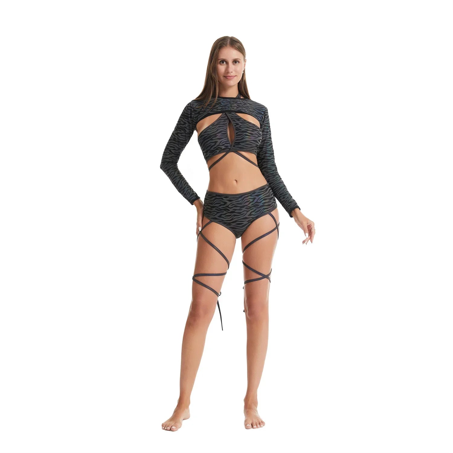 full-shot holographic reflective bikini set black zebra print with cutouts and ties