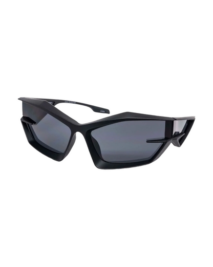 black lens black frame Giv Cut Futuristic Wrap Around Sunglasses