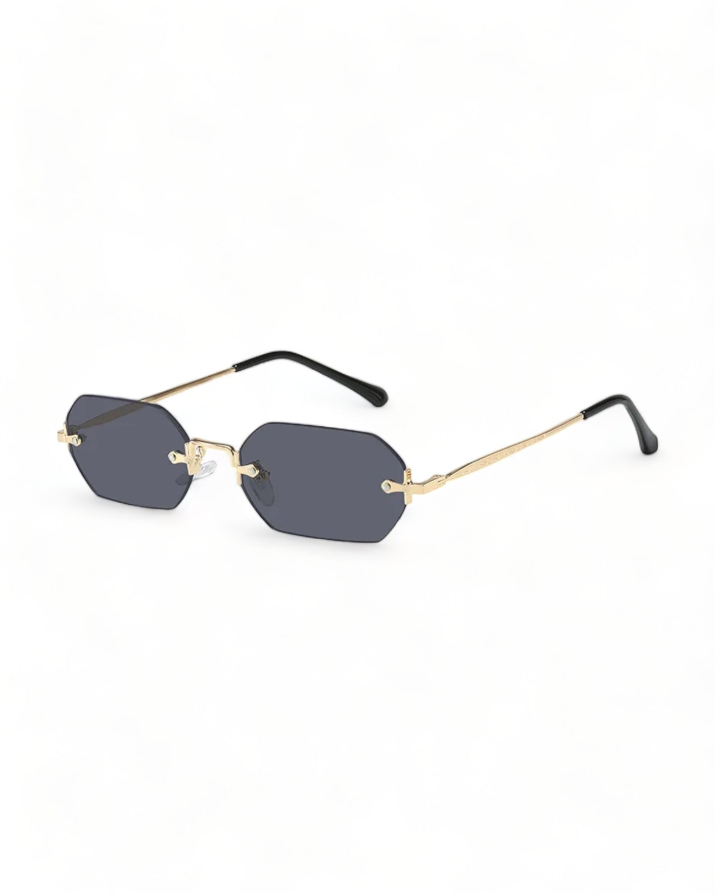 black lens gold frame Rimless Hexagonal Sunglasses 