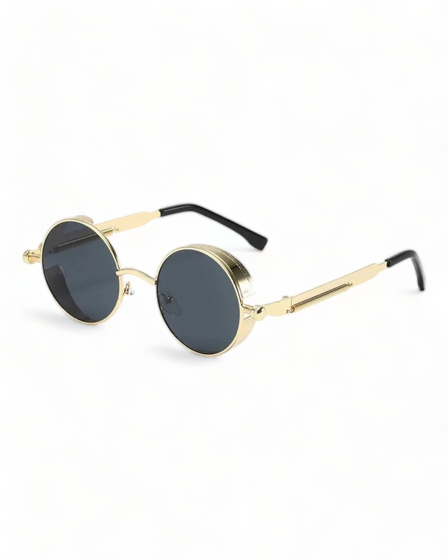 black lens gold frame Round Steampunk Sunglasses