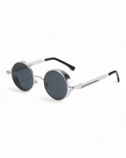 black lens silver frame Round Steampunk Sunglasses