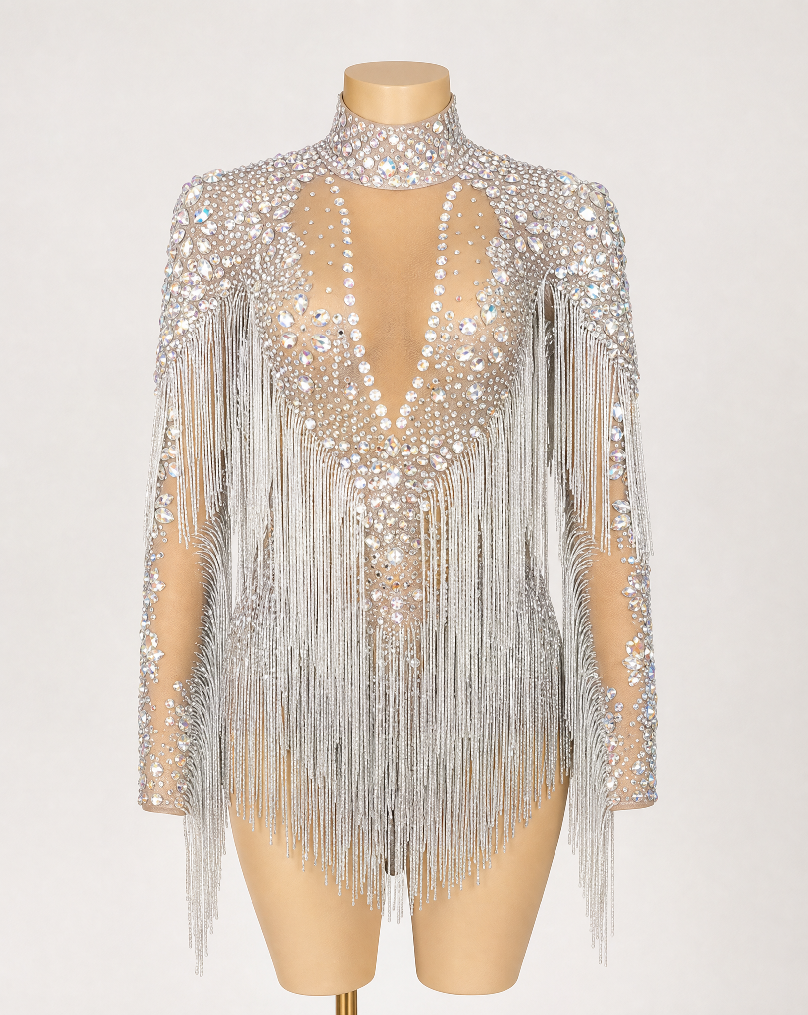 Blake Silver Rhinestone Fringe Bodysuit with hand-glued rhinestones, sequins, and swishing fringe on a stretch spandex base.