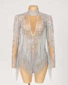 Blake Silver Rhinestone Fringe Bodysuit with hand-glued rhinestones, sequins, and swishing fringe on a stretch spandex base.