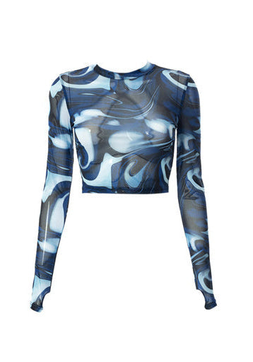 See Through Mesh Crop Top in blue swirl print, featuring long sleeves and semi-sheer material for edgy style.