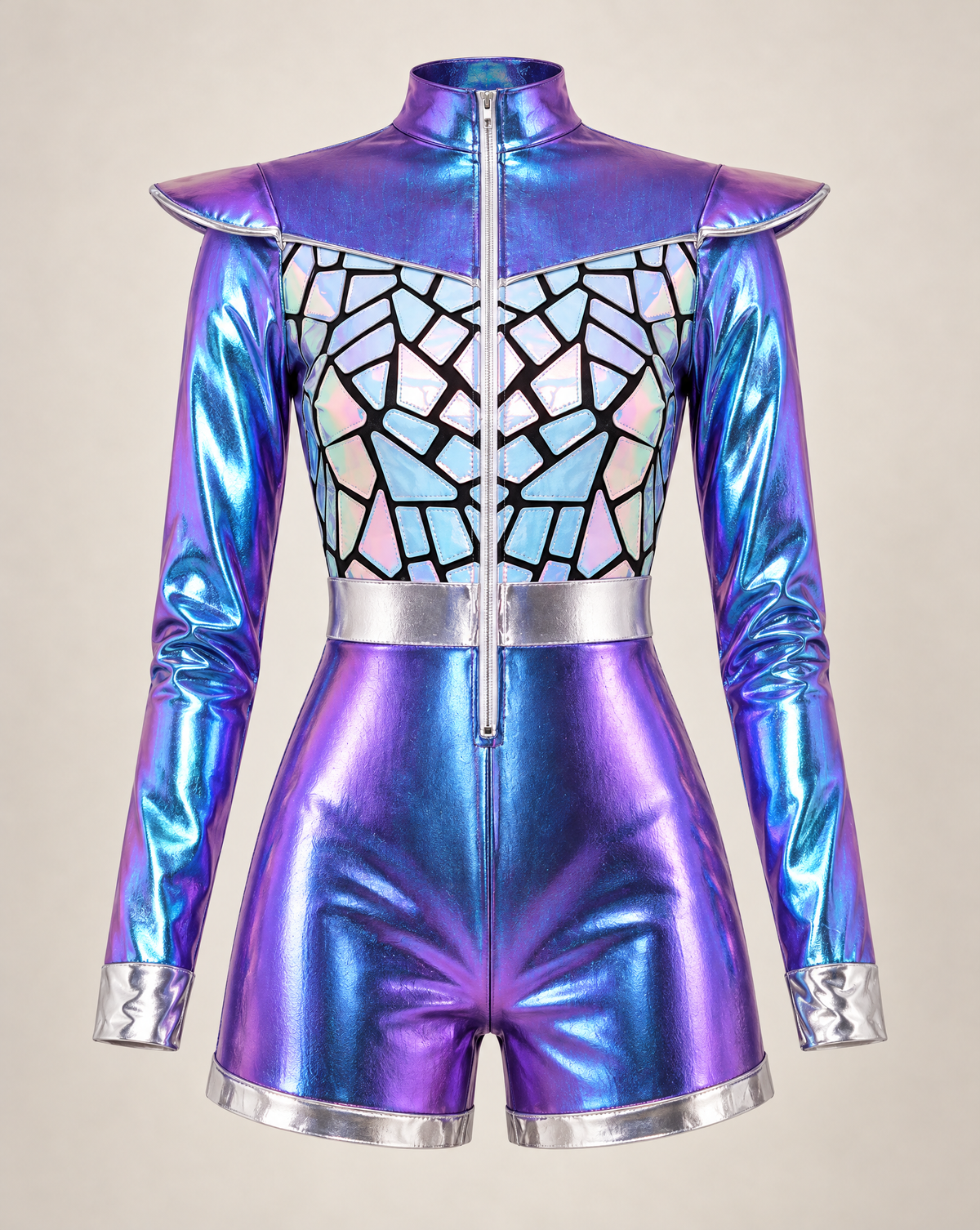 Metallic purple faux leather bodysuit with a futuristic geometric chest panel, shoulder pads, and silver trim.