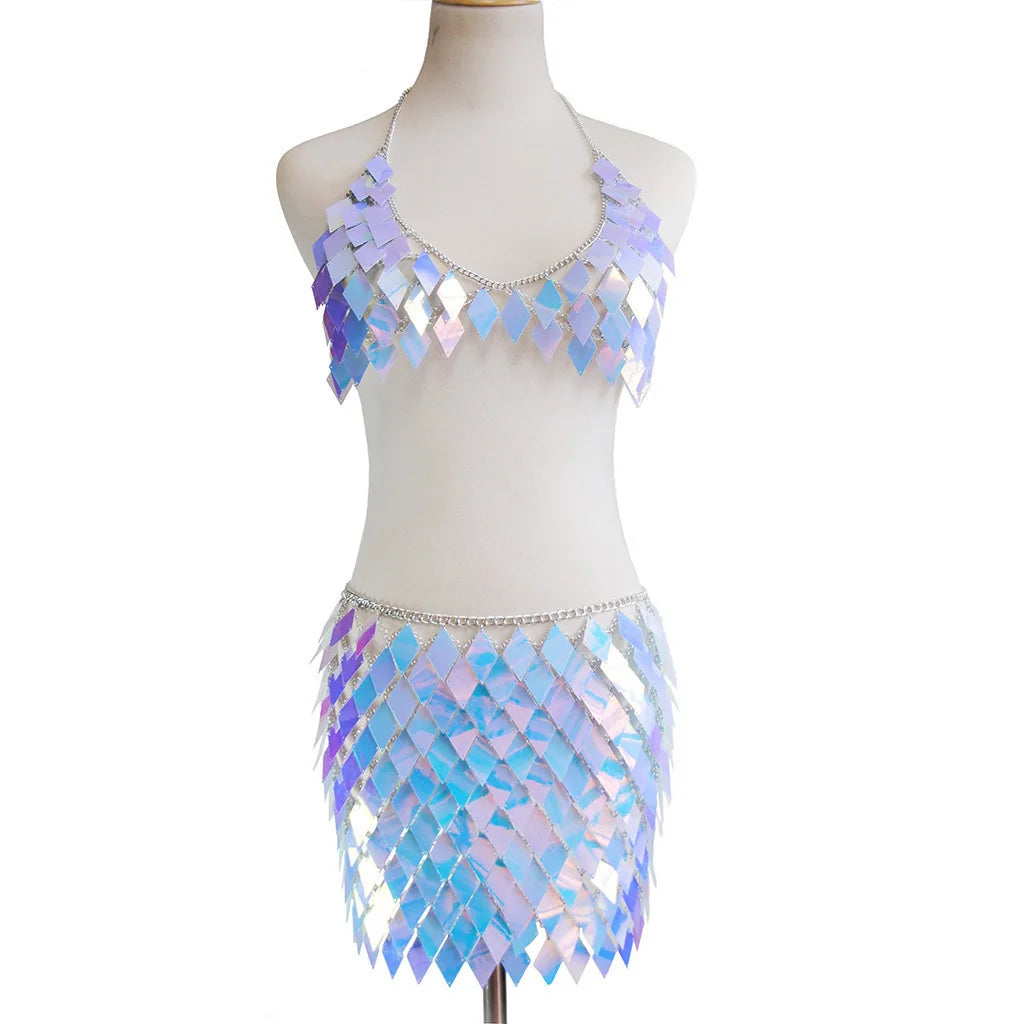 Blue Rhombic Metal Backless Skirt and Top Set
