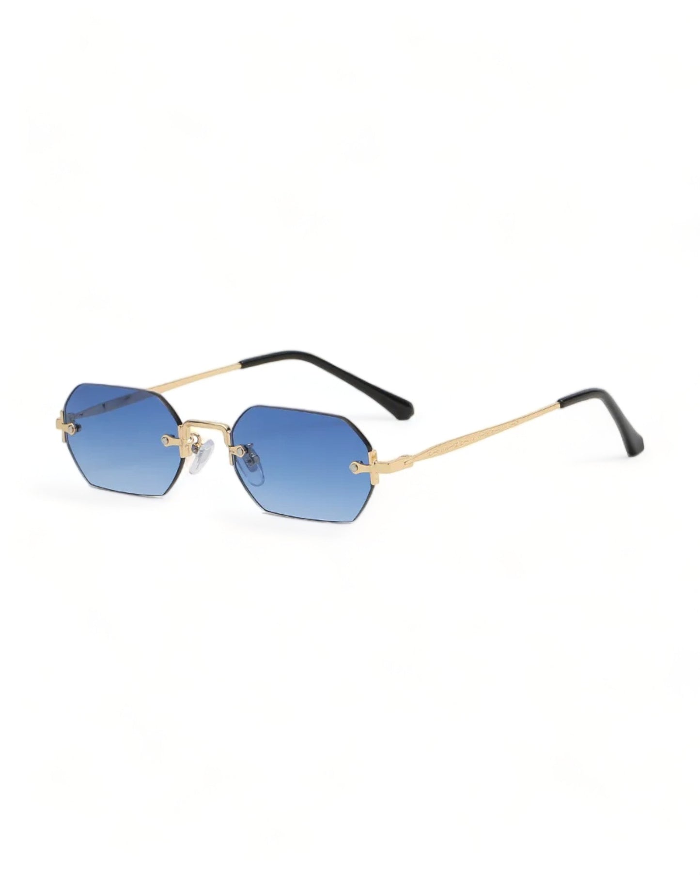 blue lens gold frame Rimless Hexagonal Sunglasses 