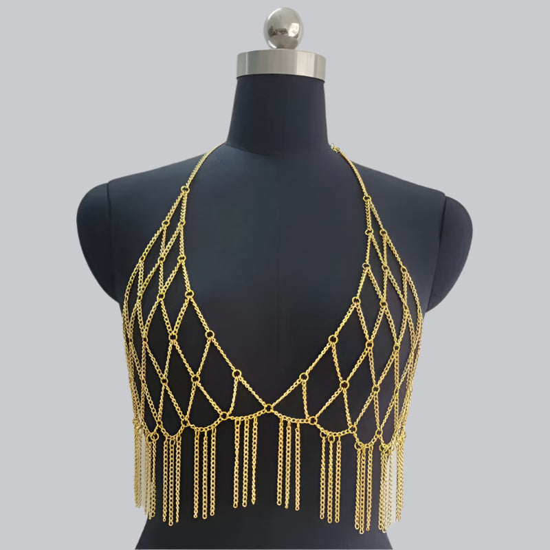 Body Chain Tank Top featuring shimmering gold metal links and a stylish, bold design.