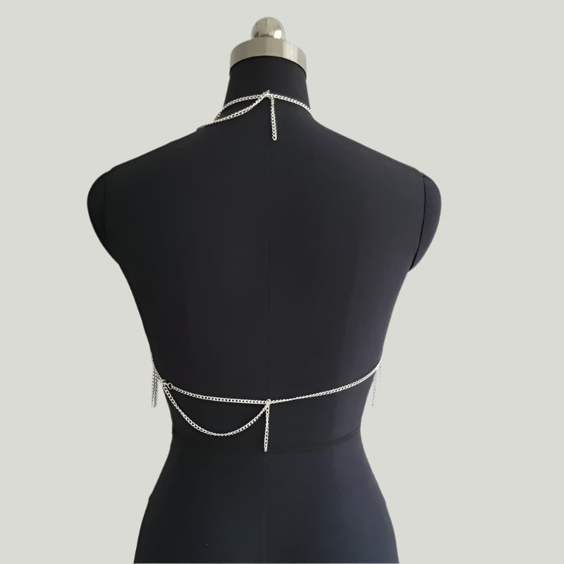 Back view of Body Chain Tank Top featuring shimmering metal links for a bold fashion statement.